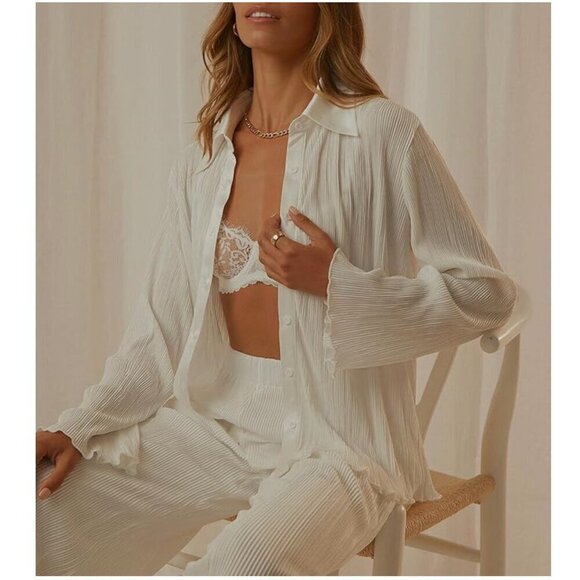 Amazon Matching Set Plisse Button Down Shirt and Wide Leg Pants White Women's S - Picture 1 of 10